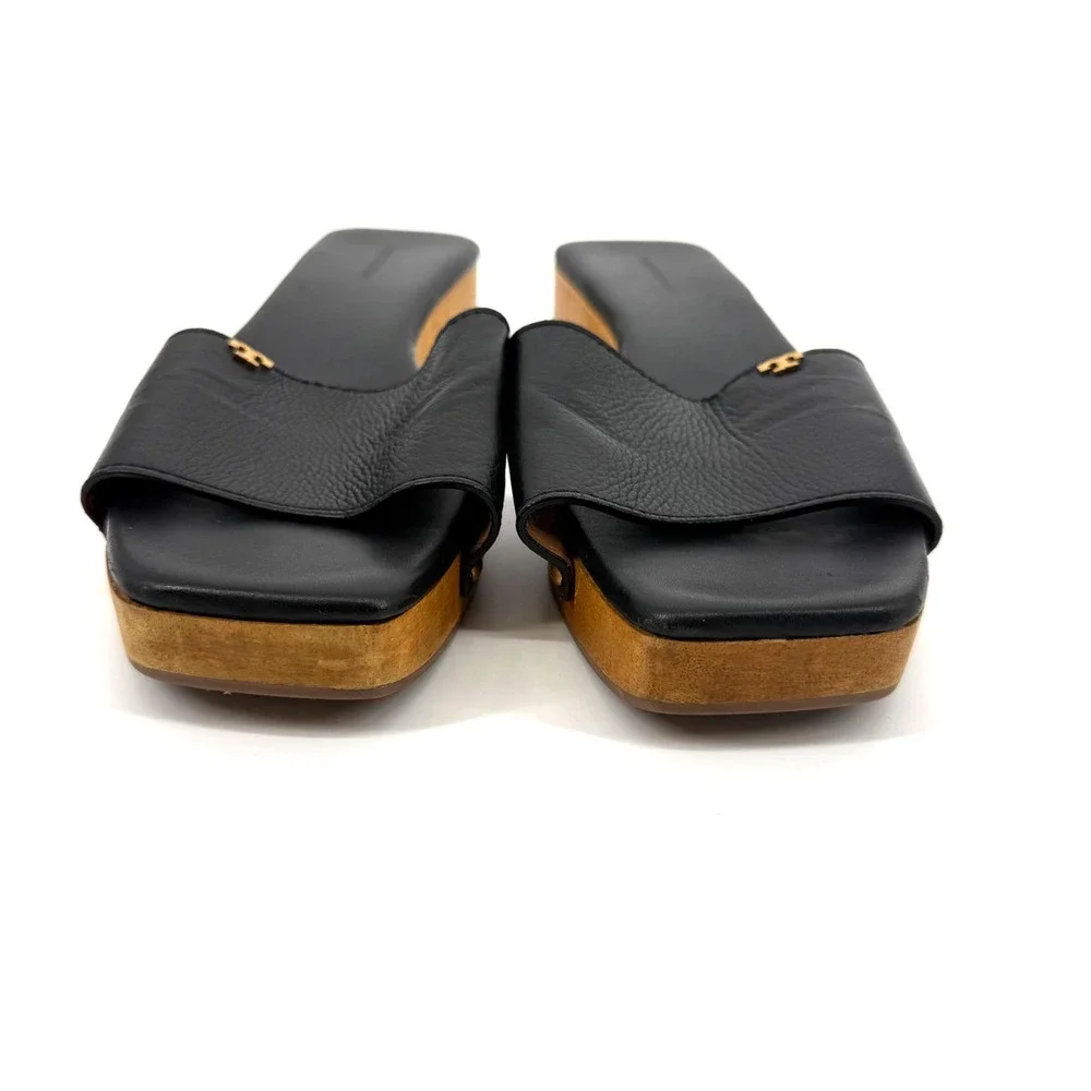 Tory Burch $298 Black Leather Clogs Sandals 9.5 Quiet Luxury Resort Capsule Chic